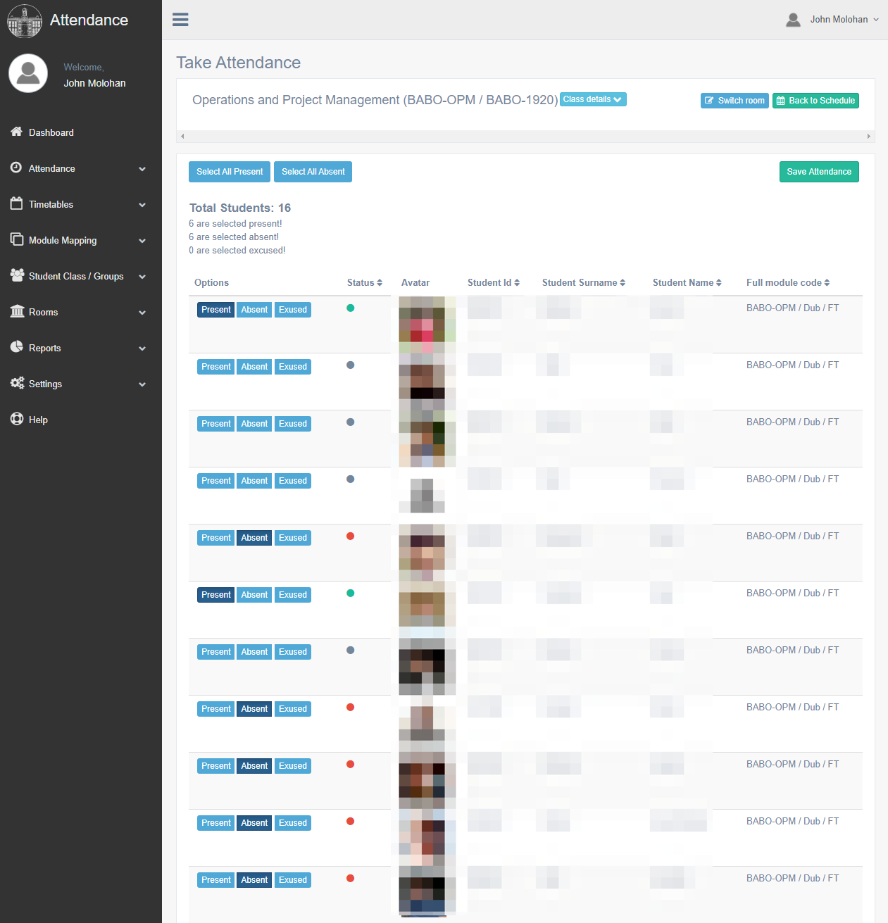 Attendance screen